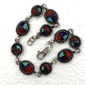 Southwestern QT Sterling Silver Bracelet Quoc Turquoise Mosaic Inlay Multi Stone